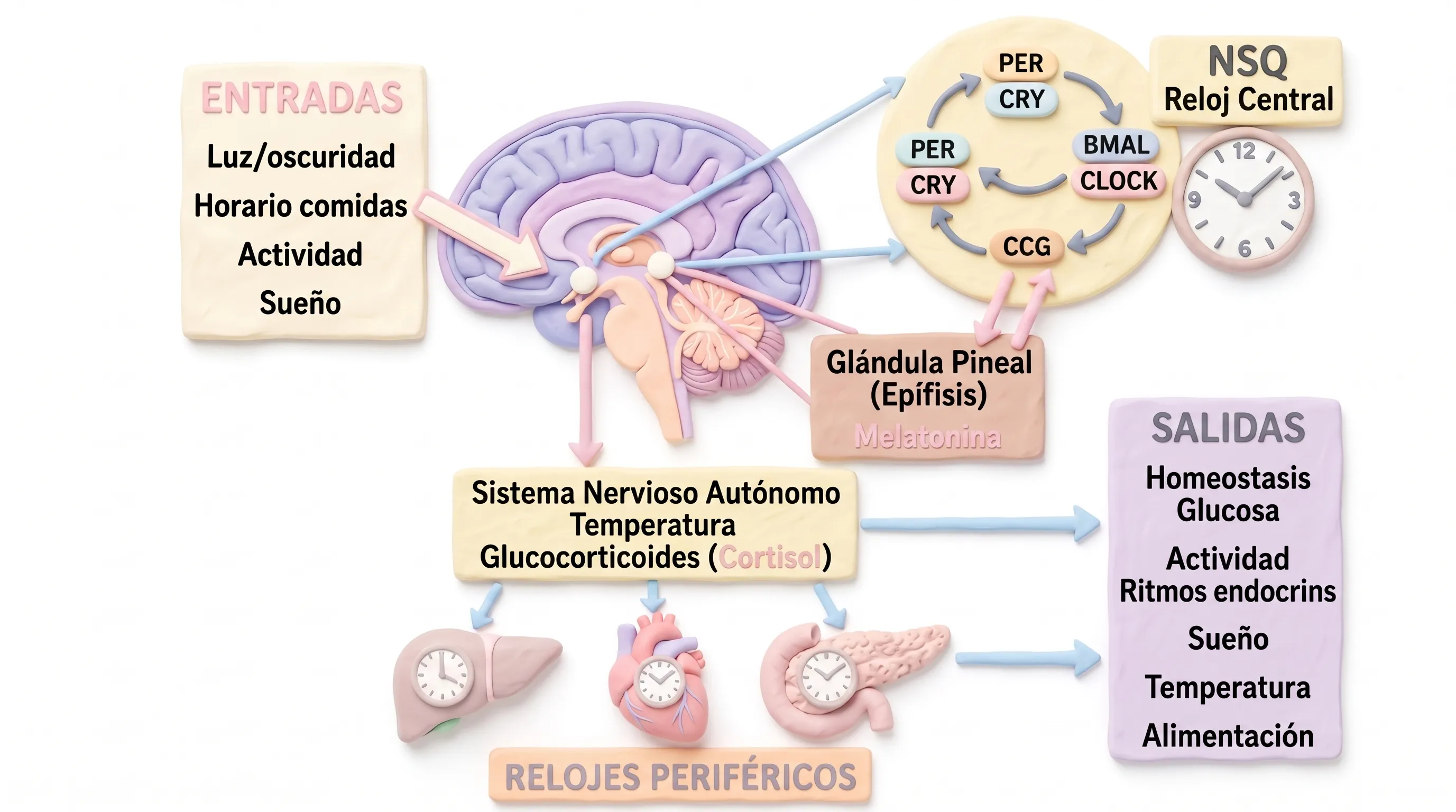 Diagrama que ilustra la coordinación de los ritmos circadianos humanos.