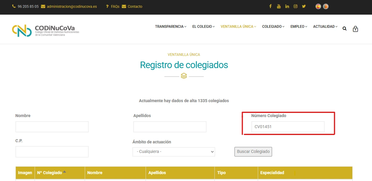 Buscador de colegiados de CODINUCOVA para verificar un nutricionista en Valencia
