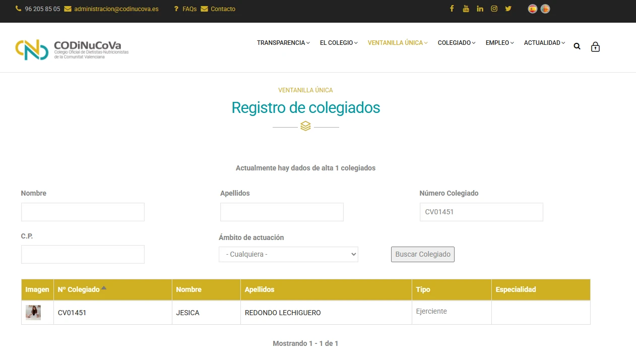 Ejemplo de búsqueda de un dietista-nutricionista colegiado en CODINUCOVA