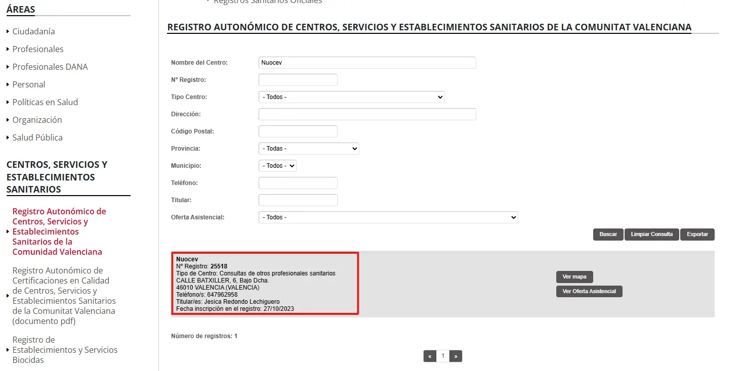 Detalle de un centro sanitario autorizado en el registro de la Generalitat Valenciana